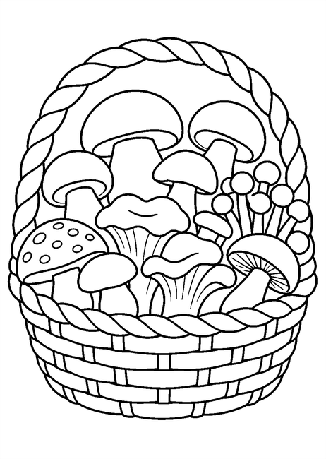 Coloriage un panier rempli de champignons variés à imprimer et à colorier