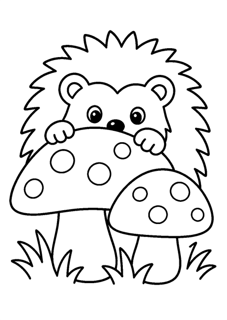 Coloriage un hérisson caché derrière les champignons à imprimer et à colorier