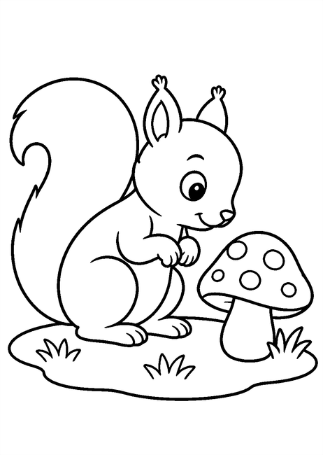 Coloriage Champignons : un écureuil observant un champignon à imprimer et à colorier