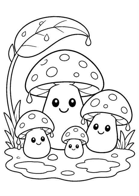 Coloriage une famille de champignons après la pluie à imprimer et à colorier