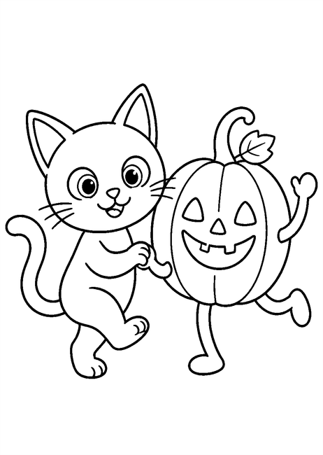 Coloriage Chats noirs Halloween : chat noir avec une citrouille dansante à imprimer et à colorier