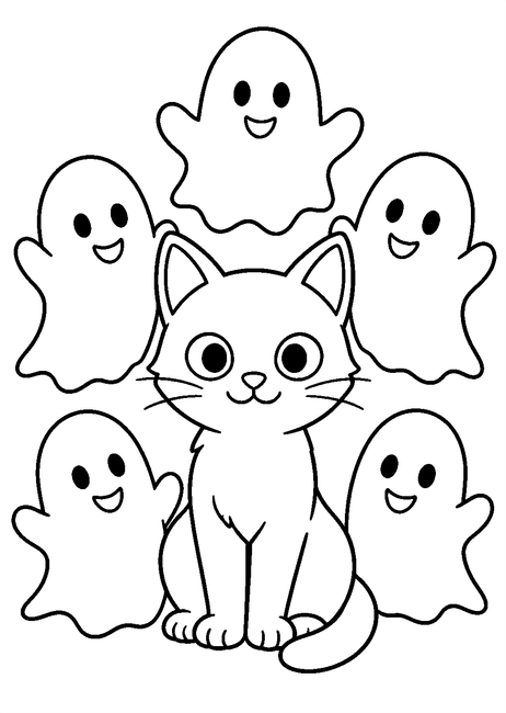 Coloriage Chats noirs Halloween : chat noir entouré de fantômes souriants à imprimer et à colorier