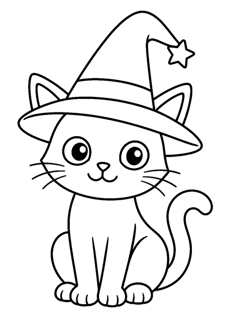 Coloriage Chats noirs Halloween : chat noir portant un chapeau de sorcier à imprimer et à colorier