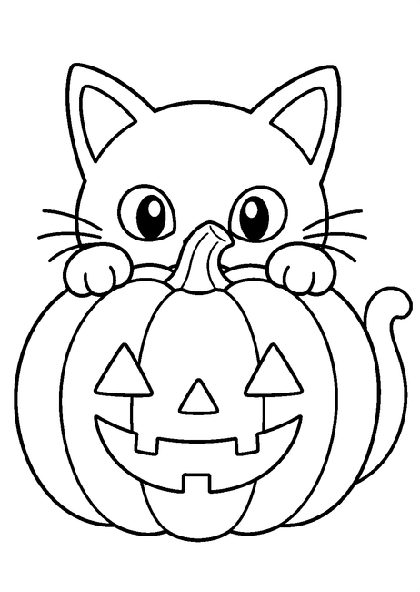 Coloriage Chats noirs Halloween : chat noir caché derrière une citrouille à imprimer et à colorier