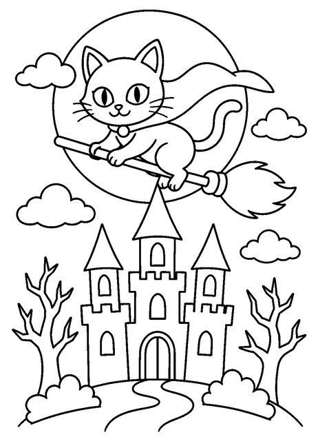 Coloriage Chats noirs Halloween : chat noir survolant un château hanté à imprimer et à colorier