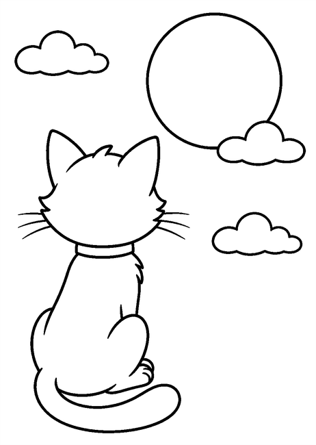 Coloriage Chats noirs Halloween : chat noir observant une lune ronde à imprimer et à colorier