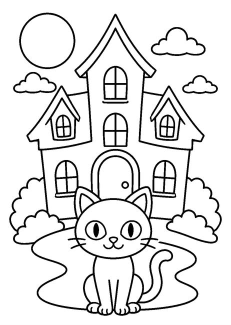 Coloriage Chats noirs Halloween : chat noir devant une maison hantée à imprimer et à colorier