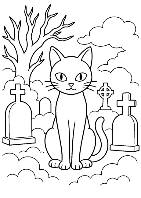 Coloriage Chats noirs Halloween : chat noir dans un cimetière brumeux à imprimer et à colorier