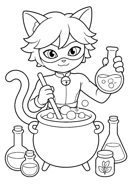 Coloriage Chats noirs Halloween : chat noir préparant une potion magique à imprimer et à colorier