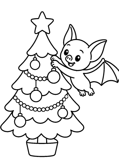 Coloriage Chauves souris : chauve-souris décorant un sapin de noël à imprimer et à colorier