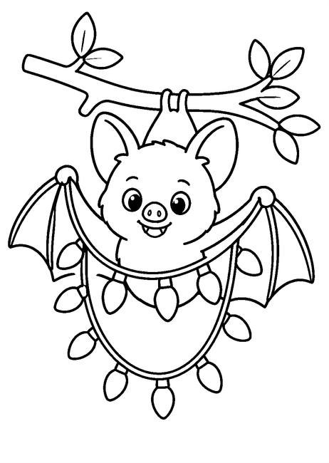 Coloriage Chauves souris : chauve-souris accrochant des guirlandes lumineuses à imprimer et à colorier