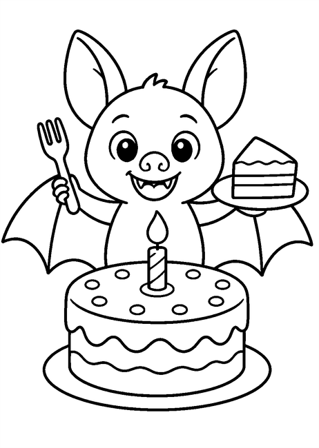 Coloriage Chauves souris : chauve-souris partageant un gâteau danniversaire à imprimer et à colorier