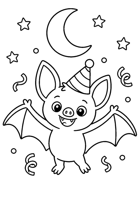 Coloriage Chauves souris : chauve-souris faisant la fête sous la lune à imprimer et à colorier