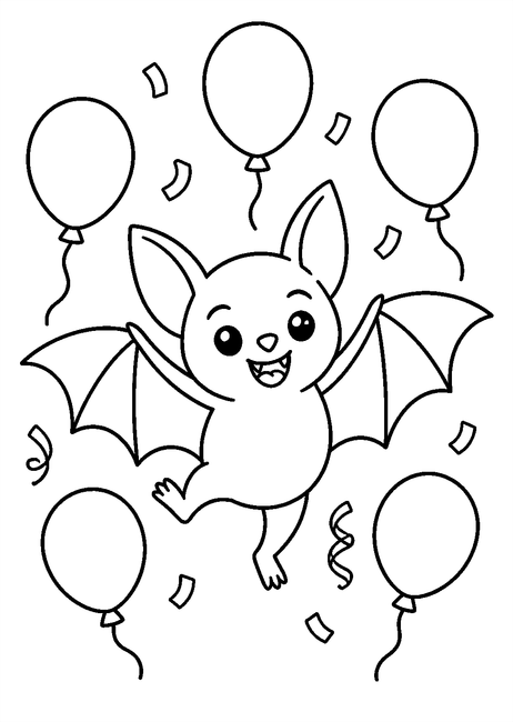 Coloriage Chauves souris : chauve-souris dansant autour de ballons à imprimer et à colorier