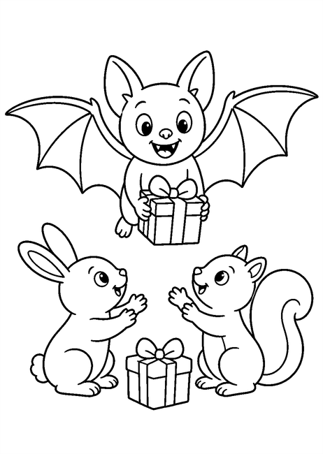 Coloriage Chauves souris : chauve-souris distribuant des cadeaux emballés à imprimer et à colorier