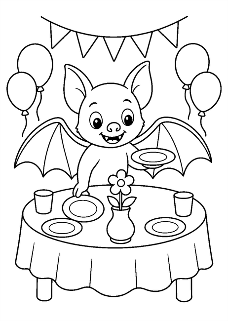 Coloriage Chauves souris : chauve-souris préparant une table de fête à imprimer et à colorier