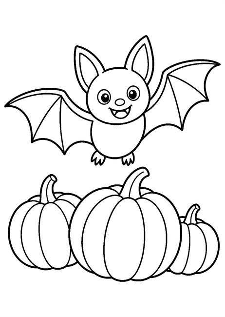 Coloriage Chauves souris : chauve-souris volant parmi des citrouilles à imprimer et à colorier