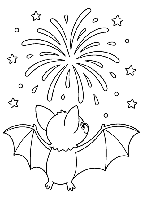 Coloriage Chauves souris : chauve-souris admirant un feu dartifice à imprimer et à colorier