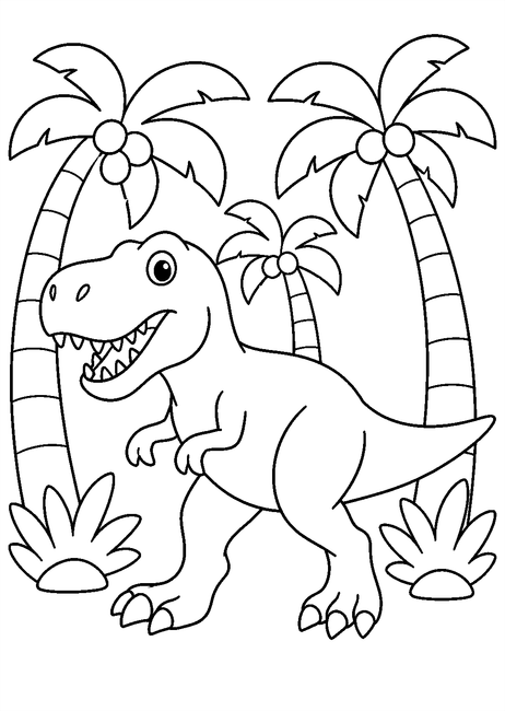 Coloriage Tyrannosaure souriant dans une forêt de palmiers à imprimer et à colorier