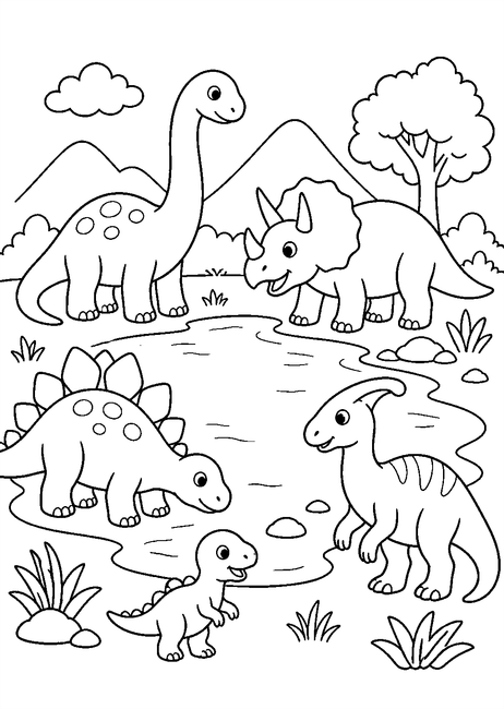 Coloriage quatre dinosaures autour d'un étang à imprimer et à colorier