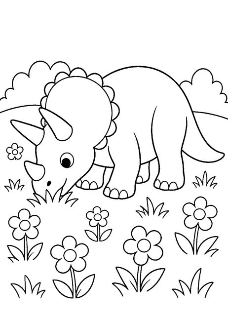 Coloriage triceratops broutant parmi les fleurs à imprimer et à colorier