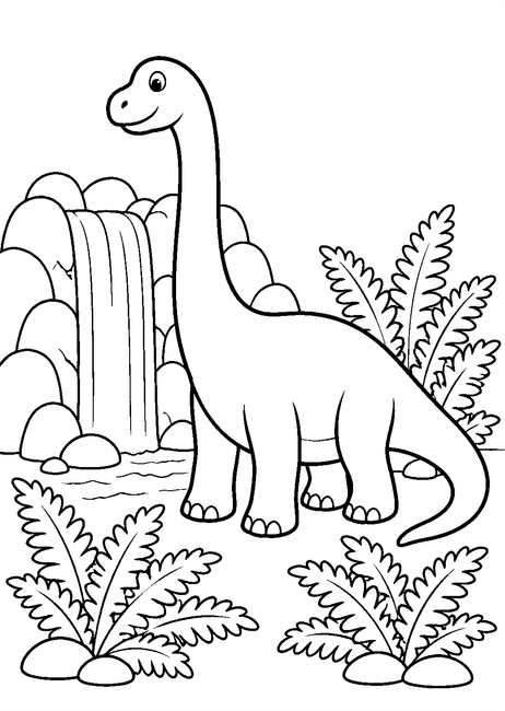 Coloriage dinosaure à long cou près d'une cascade à imprimer et à colorier