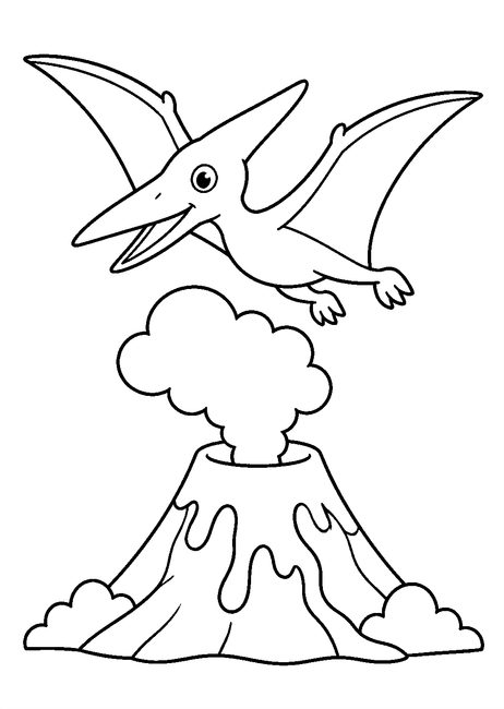 Coloriage ptérodactyle volant au-dessus d'un volcan en éruption à imprimer et à colorier