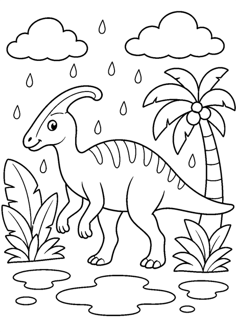 Coloriage dinosaure sous la pluie parmi les palmiers à imprimer et à colorier