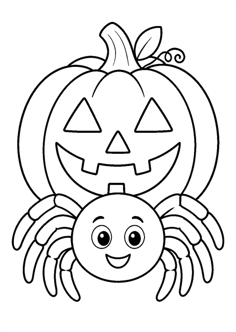 Coloriage Halloween araignées : araignée souriante devant une citrouille sculptée à imprimer et à colorier