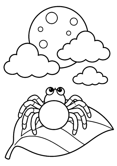 Coloriage Halloween araignées : araignée observant la lune derrière des nuages à imprimer et à colorier