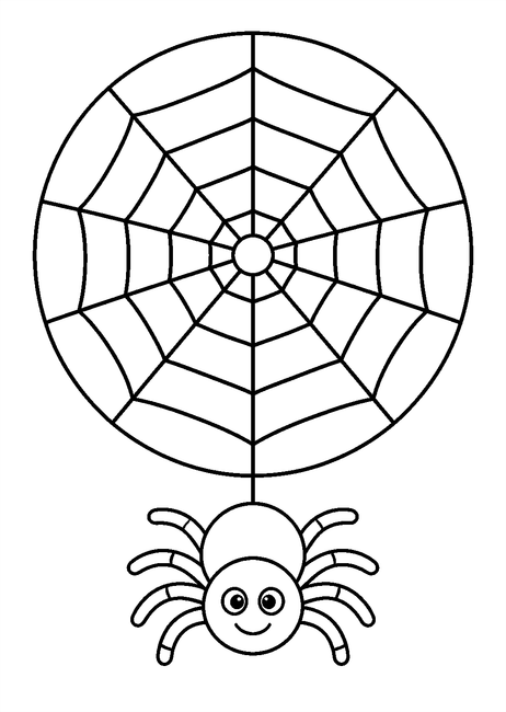 Coloriage Halloween araignées : araignée suspendue à une toile ronde à imprimer et à colorier