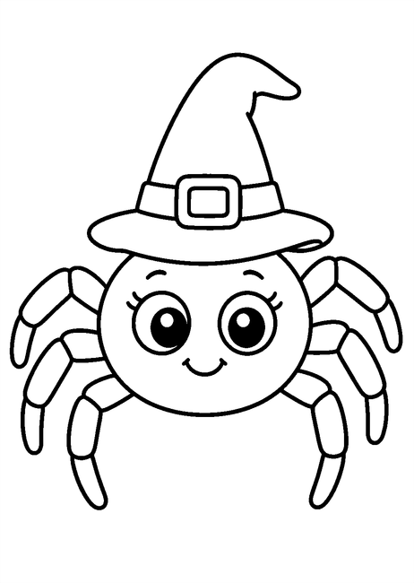 Coloriage Halloween araignées : petite araignée coiffée d'un chapeau de sorcière à imprimer et à colorier