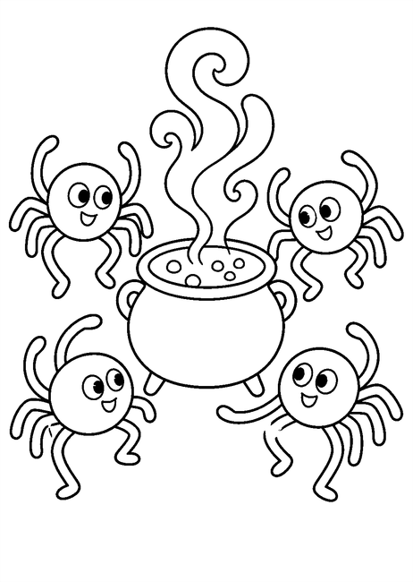 Coloriage Halloween araignées : araignées dansant autour d'un chaudron fumant à imprimer et à colorier