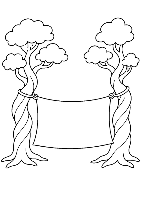 Coloriage Halloween araignées : grande toile entre deux arbres tordus à imprimer et à colorier