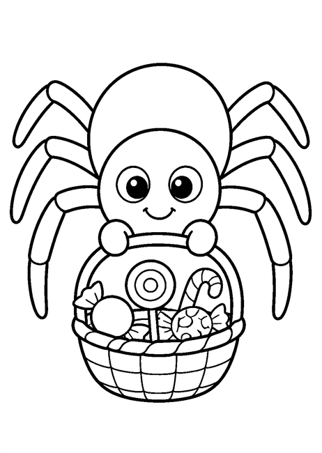 Coloriage Halloween araignées : araignée portant un panier de bonbons à imprimer et à colorier