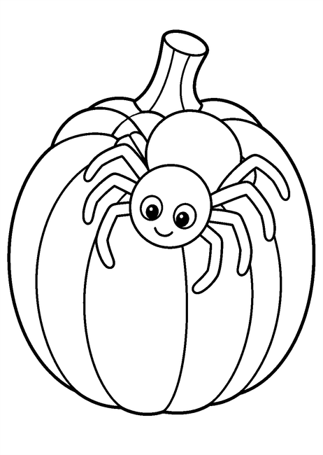 Coloriage Halloween araignées : araignée rampant sur une citrouille ronde à imprimer et à colorier