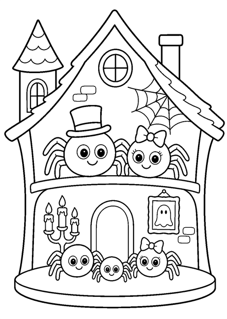 Coloriage Halloween araignées : famille d'araignées réunie dans une maison hantée à imprimer et à colorier