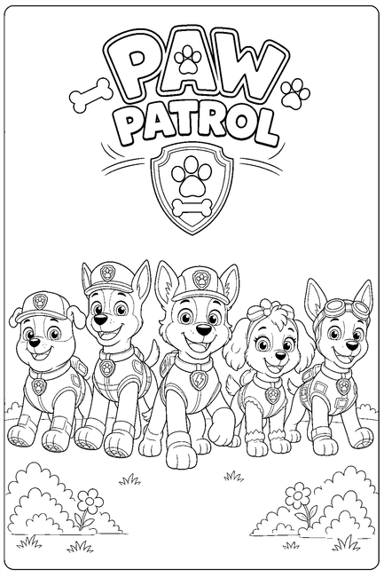 Coloriage chiots de la Pat' Patrouille dans un jardin à imprimer et à colorier