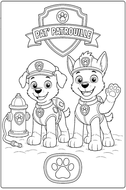 Coloriage Ruben et Chase devant une borne incendie à imprimer et à colorier