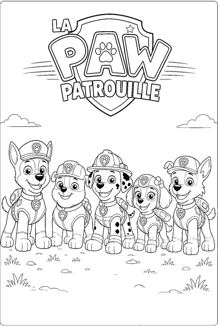 Coloriage chiots de la Pat Patrouille alignés dans l'herbe à imprimer et à colorier