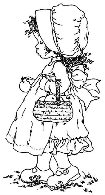 Coloriage Sarah Kay : fillette de dos portant un panier à imprimer et à colorier