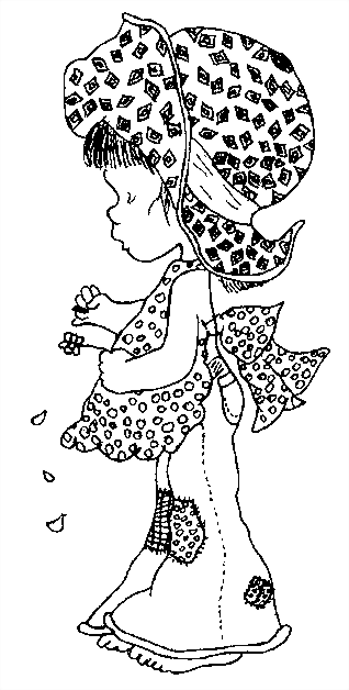Coloriage Sarah Kay : fillette en robe parmi les feuilles volantes à imprimer et à colorier