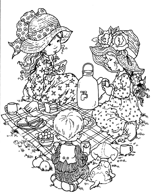 Coloriage Sarah Kay : trois enfants pique-niquent sur une couverture à imprimer et à colorier