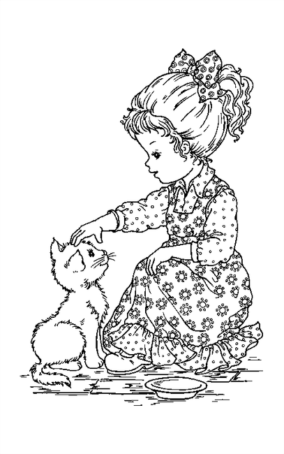 Coloriage Sarah Kay : fillette caressant un chat devant une gamelle à imprimer et à colorier