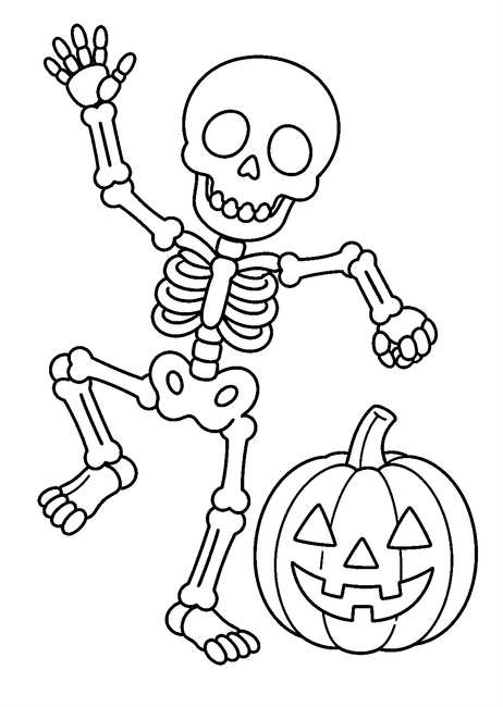 Coloriage squelettes halloween : squelette dansant avec une citrouille sculptée à imprimer et à colorier
