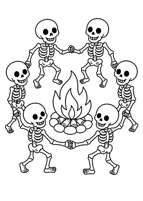 Coloriage squelettes halloween : squelettes faisant la ronde autour du feu à imprimer et à colorier