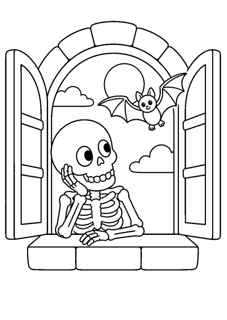 Coloriage squelettes halloween : squelette observant une chauve-souris depuis une fenêtre à imprimer et à colorier