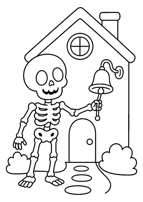 Coloriage squelettes halloween : squelette sonnant une cloche devant une maison à imprimer et à colorier