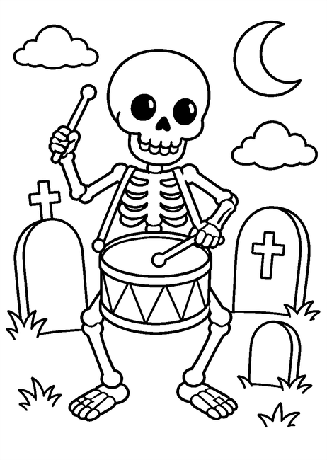 Coloriage squelettes halloween : squelettes jouant du tambour dans le cimetière à imprimer et à colorier