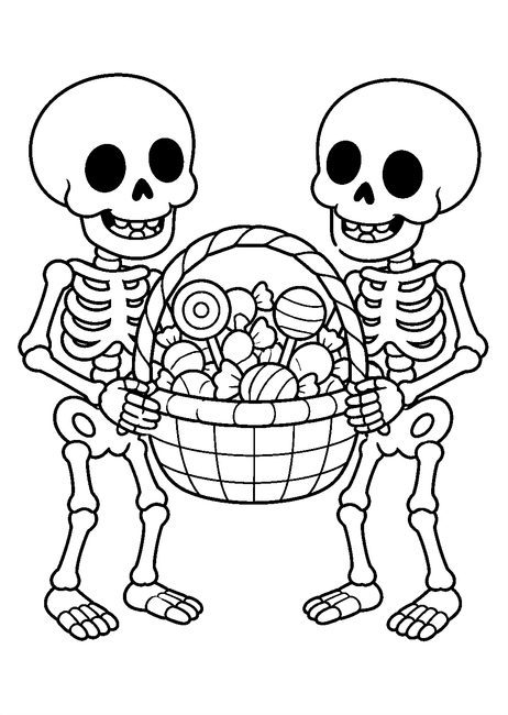 Coloriage squelettes halloween : deux squelettes partageant un grand panier de bonbons à imprimer et à colorier